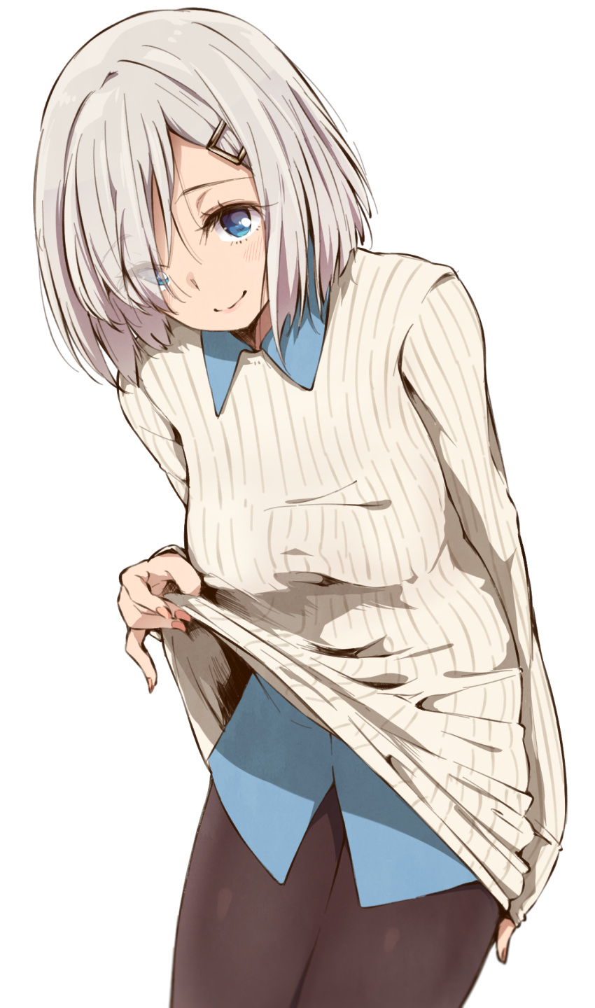 1girl alternate_costume blue_eyes blush breasts clothes_lift haine hair_ornament hair_over_one_eye hairclip hamakaze_(kantai_collection) highres kantai_collection looking_at_viewer pantyhose short_hair silver_hair smile solo sweater sweater_lift