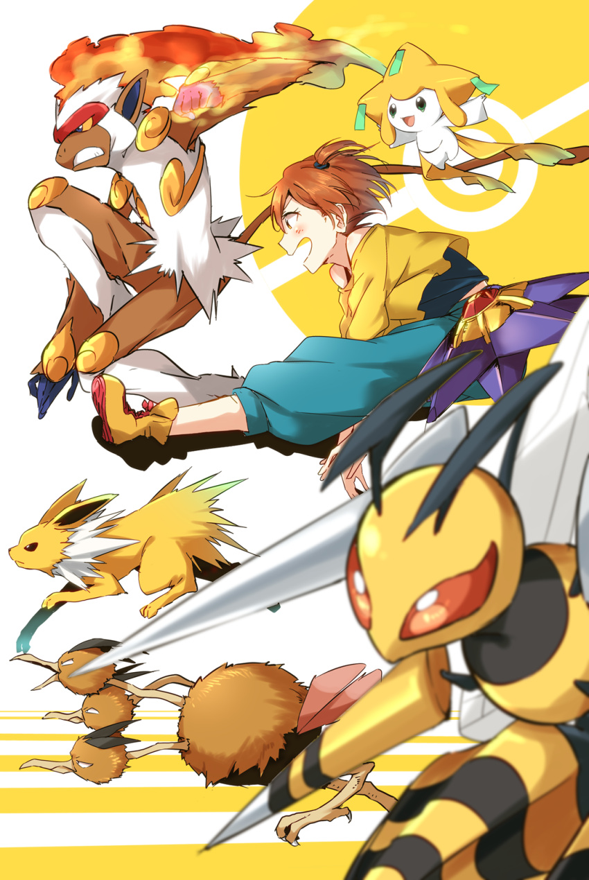 1girl beedrill crossover dodrio highres hoshizora_rin infernape jirachi jolteon ksk_(semicha_keisuke) love_live!_school_idol_project mega_beedrill one_side_up orange_hair pokemon pokemon_(creature) profile short_hair starmie yellow_eyes