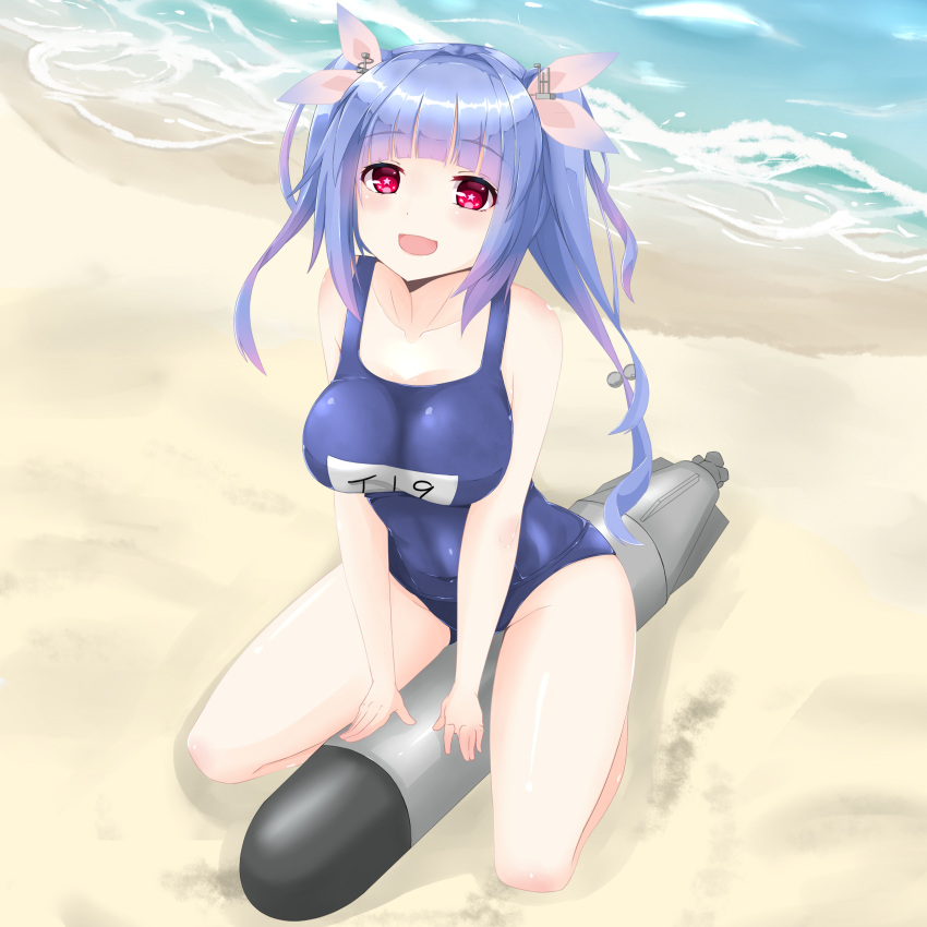 1girl absurdres beach blue_hair breasts hair_ribbon highres i-19_(kantai_collection) kantai_collection large_breasts long_hair looking_at_viewer name_tag one-piece_swimsuit open_mouth red_eyes ribbon sand school_swimsuit solo star star-shaped_pupils surota swimsuit swimsuit_under_clothes symbol-shaped_pupils torpedo tri_tails water