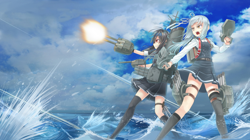 2girls battle black_hair cannon firing hair_ornament hatsushimo_(kantai_collection) highres kantai_collection kasumi_(kantai_collection) long_hair low-tied_long_hair machinery multiple_girls muzzle_flash pleated_skirt remodel_(kantai_collection) school_uniform skirt turret weapon zaki_(2872849)