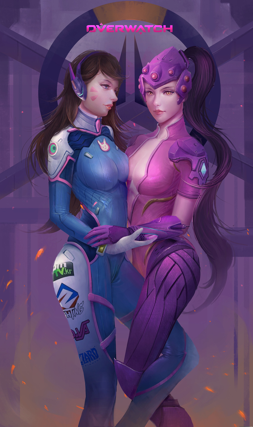 2girls absurdres alternate_eye_color alternate_skin_color armor armored_boots bangs blue_eyes bodysuit boots bracer breast_press breasts brown_hair bunny_print center_opening cleavage collarbone copyright_name covered_navel cowboy_shot d.va_(overwatch) emblem facepaint facial_mark gauntlets gloves greaves gun hakobakoko hand_on_another's_hand head_mounted_display headphones helmet high_collar highres knee_boots lips lipstick logo long_hair looking_at_another makeup medium_breasts multiple_girls overwatch parted_lips pauldrons pilot_suit ponytail purple_gloves purple_hair rifle shiny shiny_clothes short_sleeves shoulder_pads skin_tight smile sniper_rifle swept_bangs symmetrical_docking thigh-highs thigh_boots thigh_strap turtleneck vambraces very_long_hair visor weapon whisker_markings white_boots white_gloves widowmaker_(overwatch) yellow_eyes