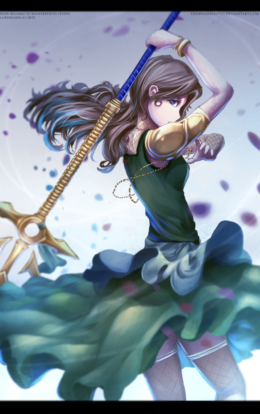 1girl 2015 absurdres bangle blue_eyes bracelet brown_hair company_name copyright_name dew_gayl dishwasher1910 dress green_dress highres jewelry letterboxed long_hair polearm rwby solo spear thigh-highs watermark weapon web_address