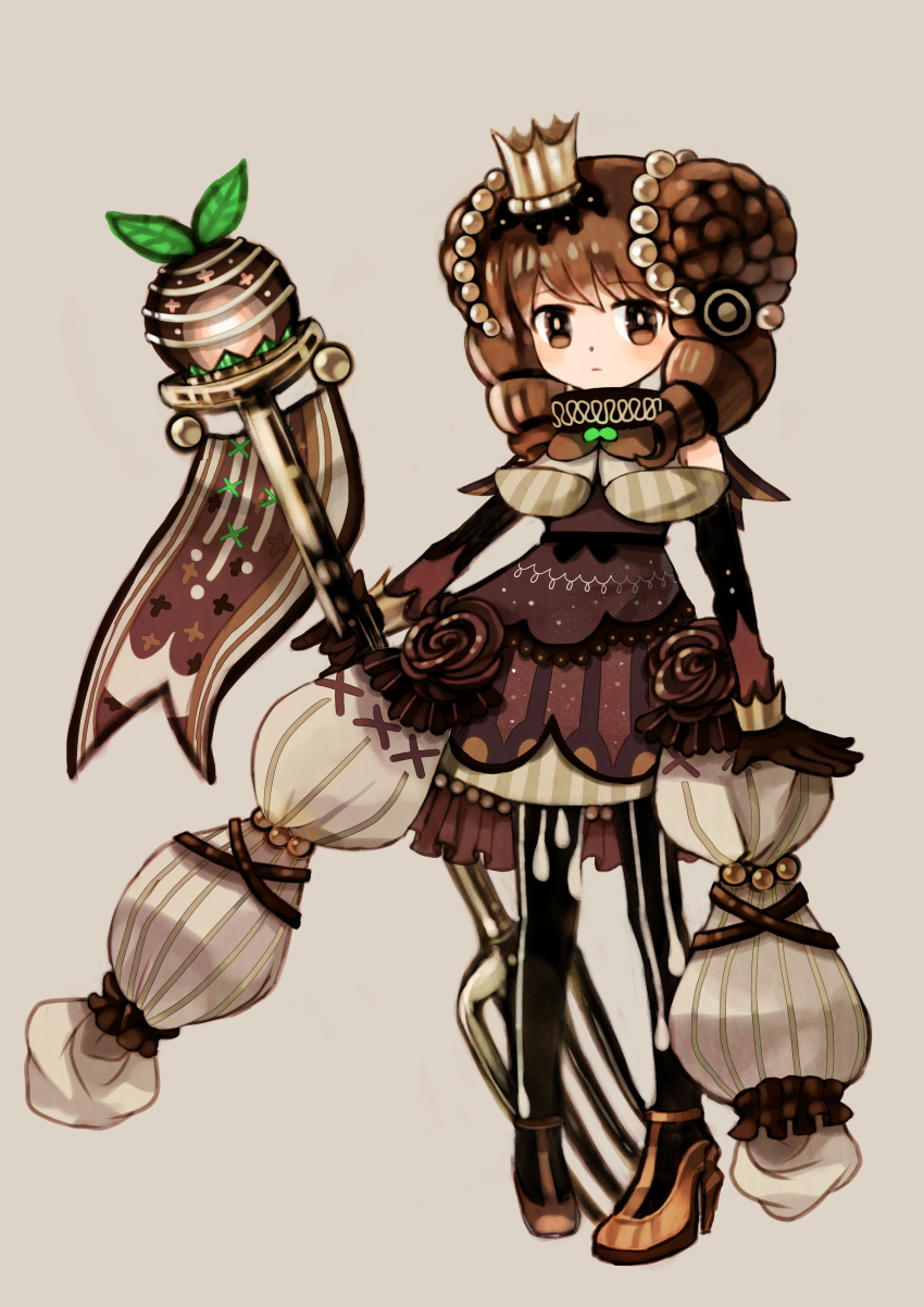 1girl absurdres black_legwear brown_dress brown_eyes brown_gloves brown_hair crown dress fondant_au_chocolat food_themed_clothes fork gloves hair_ornament highres karasumi_(susyounoame) original oversized_object pocketland solo standing tagme