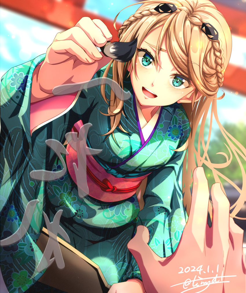 1girl absurdres blonde_hair braid breasts calligraphy_brush crown_braid dated drawing_on_another's_face eiyuu_densetsu elaine_auclair floating_hair french_braid green_eyes hair_between_eyes highres holding holding_brush japanese_clothes kimono kuro_no_kiseki large_breasts long_hair new_year open_mouth paintbrush parted_bangs signature smile thigh-highs tinybiard translation_request twitter_username writing