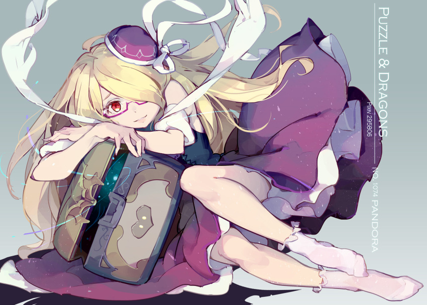 1girl bare_shoulders bespectacled blonde_hair character_name copyright_name dress glasses hair_over_one_eye hat hat_ribbon highres long_hair looking_at_viewer lying on_side pandora_(p&amp;d) purple-framed_glasses purple_dress puzzle_&amp;_dragons red_eyes ribbon semi-rimless_glasses short_sleeves socks solo tennohi treasure_chest under-rim_glasses very_long_hair