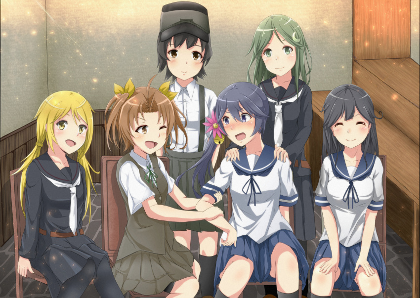6+girls absurdres ahoge akebono_(kantai_collection) alternate_eye_color arare_(kantai_collection) arm_grab arms_behind_back bell bike_shorts black_hair black_legwear black_serafuku blonde_hair blouse blush breasts brown_eyes brown_hair chair closed_eyes collared_shirt commentary_request crescent_hair_ornament flower green_eyes green_hair hair_bell hair_flower hair_ornament hair_ribbon hands_on_another's_shoulders hands_on_thighs hat highres indoors kagerou_(kantai_collection) kantai_collection kneehighs large_breasts long_hair long_sleeves looking_at_viewer low_twintails multiple_girls nagatsuki_(kantai_collection) neckerchief necktie no_gloves one_eye_closed open_mouth pleated_skirt purple_hair ribbon satsuki_(kantai_collection) school_uniform serafuku shirt shohei_(piranha5hk) short_hair short_sleeves shorts_under_skirt side_ponytail sitting skirt smile suspenders thigh-highs twintails twitter_username ushio_(kantai_collection) very_long_hair vest violet_eyes w white_blouse white_necktie yellow_eyes