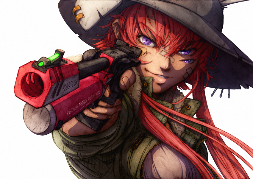 1girl animal_ears bandaid bandaid_on_face borrowed_character extra_eyes face gun handgun hat imizu_(nitro_unknown) jacket long_hair looking_at_viewer md5_mismatch open_clothes open_jacket original rabbit_ears redhead revision shirt smirk solo upper_body violet_eyes weapon