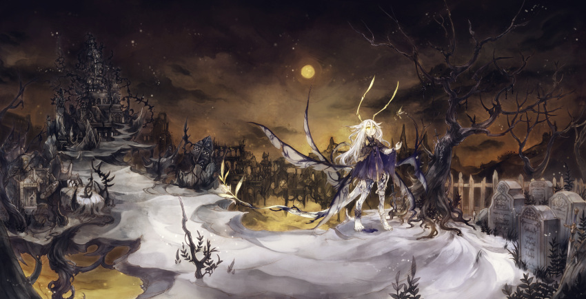 1girl antennae highres insect insect_girl insect_wings knife landscape long_hair moon nemu_(isaya) night night_sky original pixiv_fantasia silver_hair sky solo tombstone tree wings