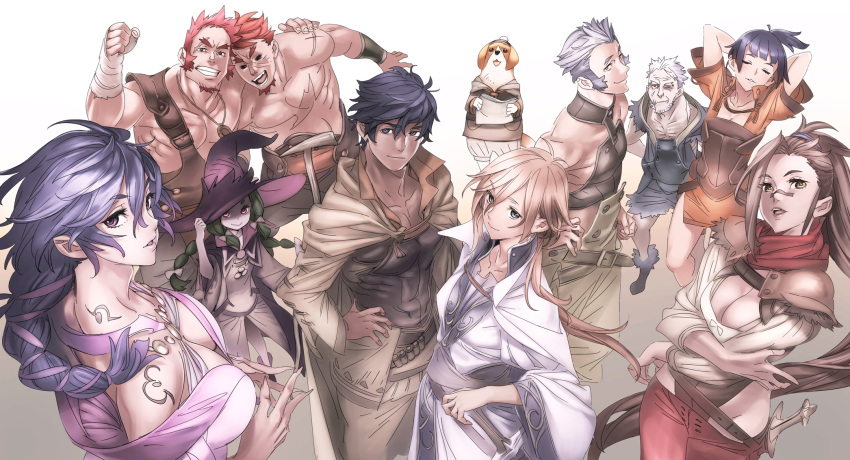 5boys 5girls adjusting_clothes adjusting_hat arm_on_shoulder arms_up breasts brown_eyes brown_hair cane cape character_request cleavage clenched_hand copyright_request crossed_arms dog green_hair grin hair_ribbon hands_on_hips hands_together hat highres large_breasts long_hair looking_at_viewer multiple_boys multiple_girls nishieda open_mouth purple_hair red_eyes ribbon short_sleeves smile standing sword weapon wide_sleeves