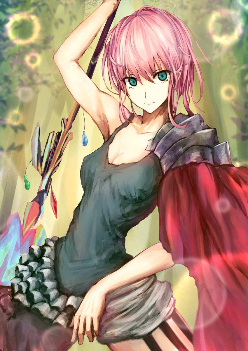 1girl absurdres arm_up armor bare_arms breasts cape cleavage green_eyes highres kaze_minoru_so-ru looking_at_viewer original pink_hair polearm shoulder_armor solo spear weapon