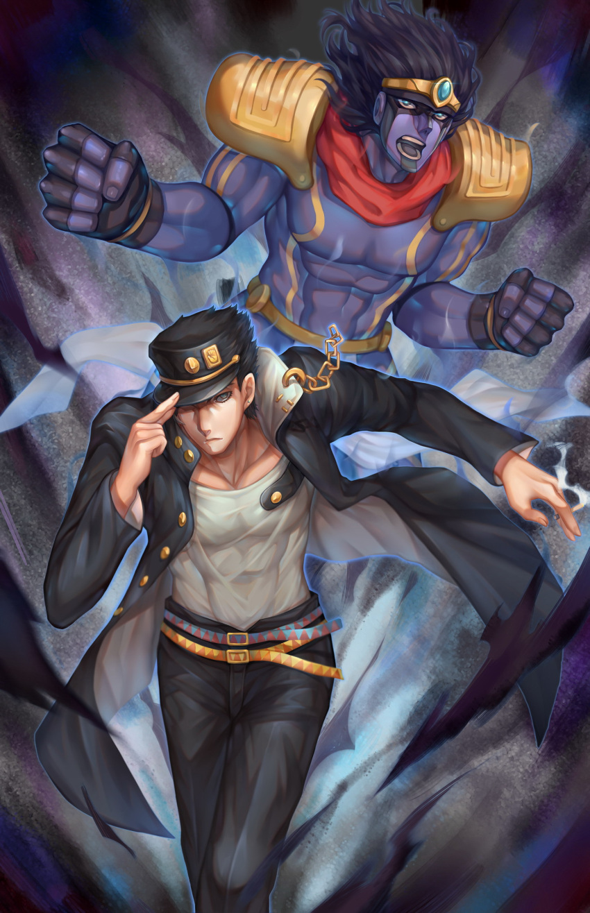 1boy absurdres adjusting_clothes adjusting_hat black_hair chain choukoukou_no_diaosi clenched_hands earrings frown gakuran green_eyes hat highres jewelry jojo_no_kimyou_na_bouken kuujou_joutarou male_focus muscle open_mouth school_uniform stand_(jojo) star_platinum
