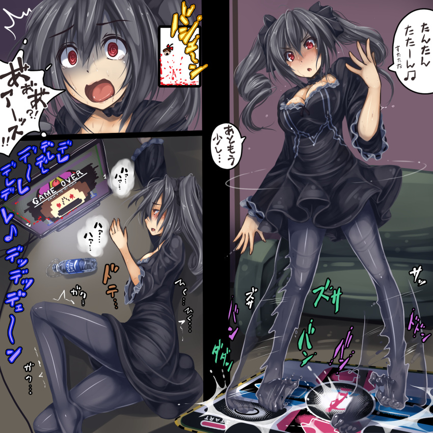 /\/\/\ 1girl @_@ bangs black_dress bottle brand_name_imitation breasts chestnut_mouth cleavage comic commentary_request dance_pad dress drill_hair english gothic_lolita grey_hair grey_legwear hair_between_eyes hair_ornament hair_scrunchie heavy_breathing highres i_wanna_be_the_guy idolmaster idolmaster_cinderella_girls kanzaki_ranko lolita_fashion long_sleeves lying monikano monitor musical_note on_side open_mouth pantyhose parody playing_games profile red_eyes screaming scrunchie short_hair solo_focus spoken_musical_note sweat tears the_guy the_kid tired translation_request trembling tsurime twin_drills twintails water_bottle wavy_mouth wide_sleeves