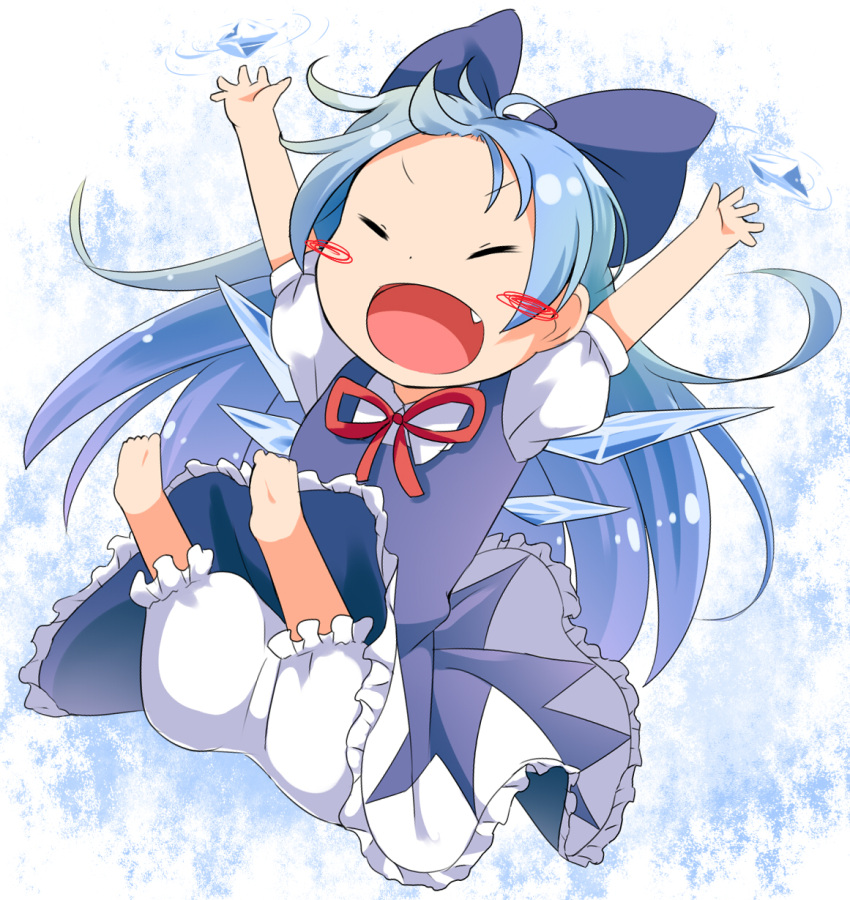 1girl alternate_hair_length alternate_hairstyle barefoot bloomers blue_dress blue_hair bow cirno closed_eyes commentary_request dress fang hair_bow highres ice ice_wings long_hair makuran open_mouth puffy_short_sleeves puffy_sleeves shirt short_sleeves smile solo touhou underwear very_long_hair wings