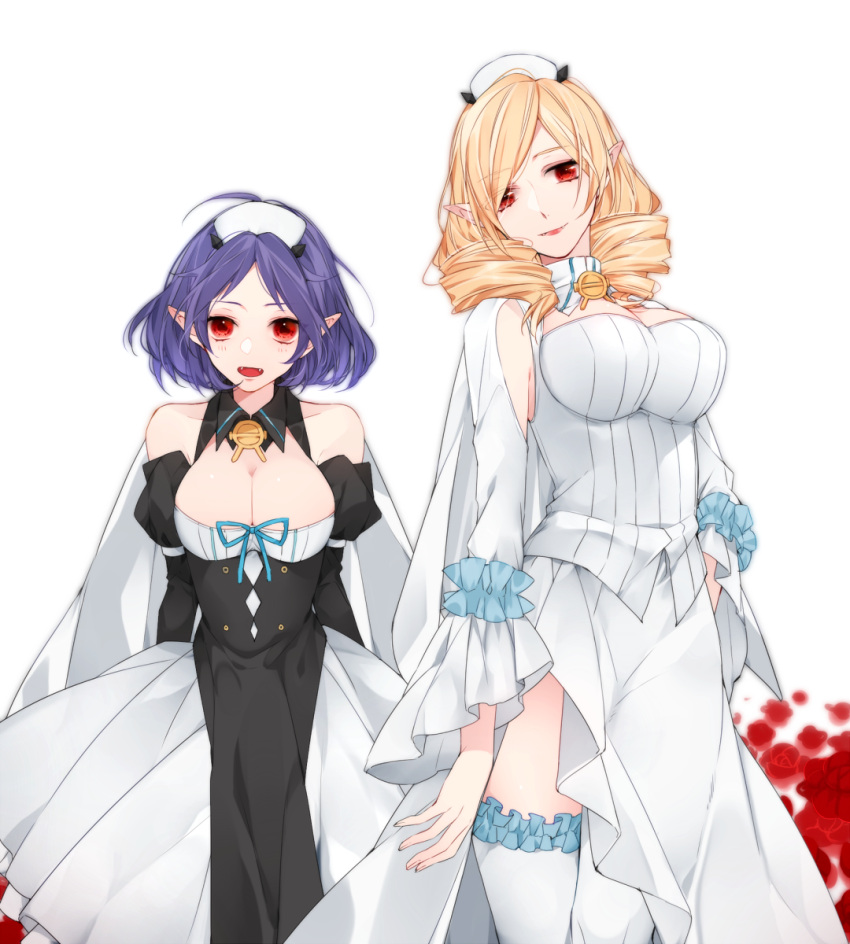 2girls blonde_hair blue_hair breasts chess_belle choker cleavage detached_sleeves dress drill_hair fangs flower hanasato_(okashino) hand_on_hip highres horn_skuld large_breasts long_hair looking_at_viewer multiple_girls owari_no_seraph pointy_ears red_eyes short_hair smile thigh-highs twin_drills vampire white_dress white_legwear