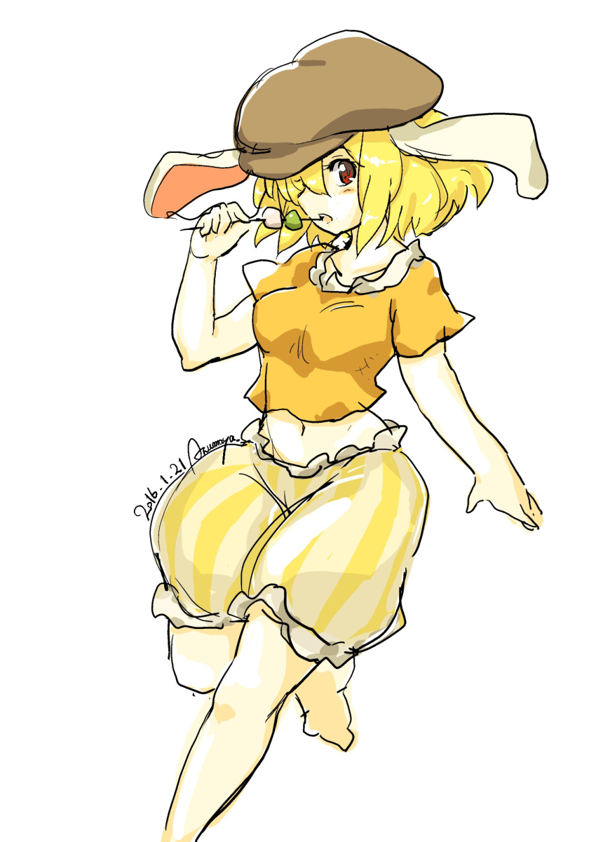 1girl animal_ears artist_name azumaya_toushirou baggy_pants blonde_hair blouse collarbone cowboy_shot dango dated eating flat_cap food hat highres holding looking_at_viewer midriff navel open_mouth pants profile rabbit_ears red_eyes ringo_(touhou) sanshoku_dango short_hair short_sleeves signature simple_background sketch skewer solo standing_on_one_leg tareme touhou wagashi white_background yellow_pants