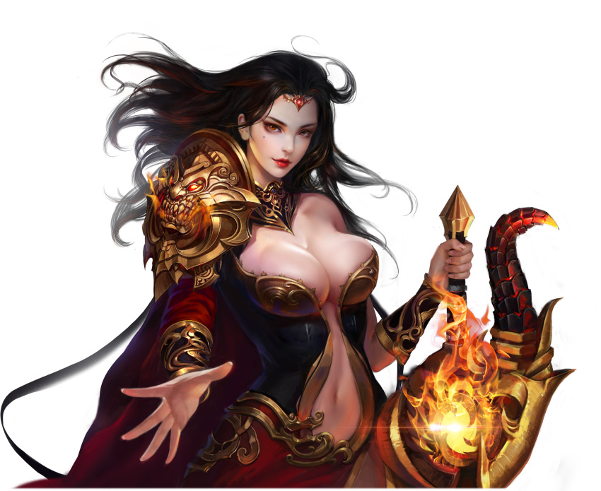 1girl artist_name artist_request black_hair breasts cape cleavage highres holding_weapon jewelry large_breasts long_hair looking_at_viewer original red_eyes simple_background smile sword weapon white_background