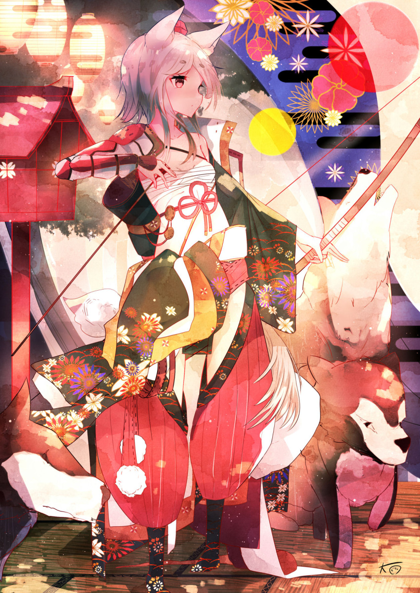 1girl alternate_weapon animal_ears arrow bow_(weapon) floral_print gauntlets highres inubashiri_momiji japanese_clothes kimono lantern omo_(utakatadice) open_clothes open_kimono pink_eyes sarashi short_hair silver_hair solo tail tatami touhou weapon wolf wolf_ears wolf_tail