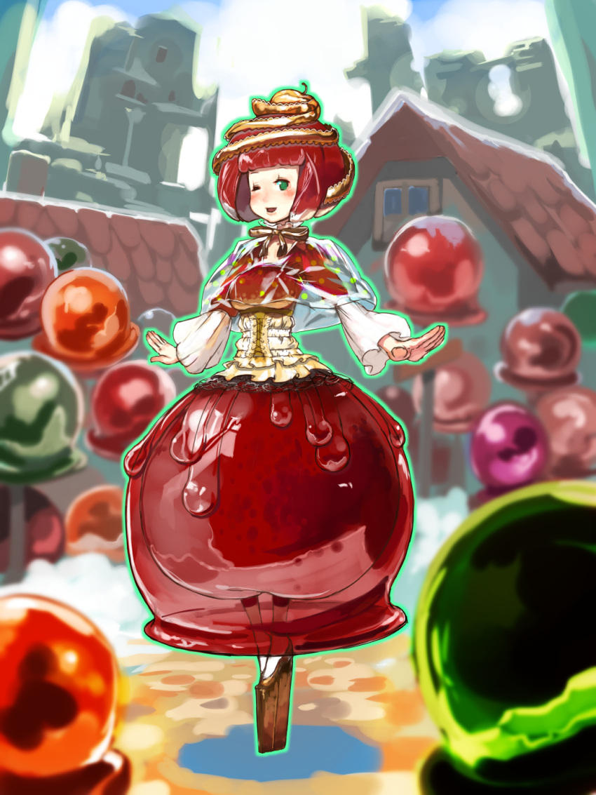 1girl apple apple_hair_ornament bangs blunt_bangs blush bubble_skirt candy_apple capelet corset dress food food_as_clothes food_themed_clothes fruit full_body gingerbread_house green_eyes hair_ornament highres long_sleeves looking_at_viewer neck_ribbon one_eye_closed open_mouth original outstretched_arms personification platform_footwear pocketland red_dress redhead ribbon see-through short_hair skirt smile solo standing sweets tetuhei underbust