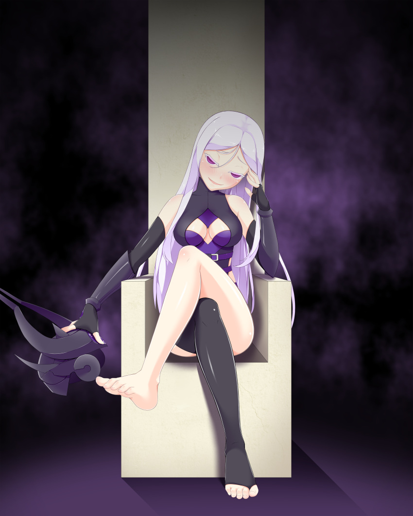 1girl absurdres armor artist_request breasts cleavage ear_protection forehead_protector gloves helmet highres league_of_legends long_hair silver_hair syndra thigh-highs very_long_hair violet_eyes