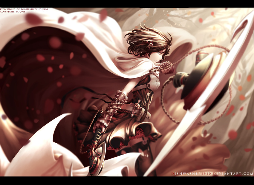 1girl 2015 brown_hair chain company_name copyright_name cowboy_shot dishwasher1910 fingerless_gloves gloves grey_eyes highres letterboxed petals rwby solo summer_rose thigh-highs watermark weapon web_address white_cape