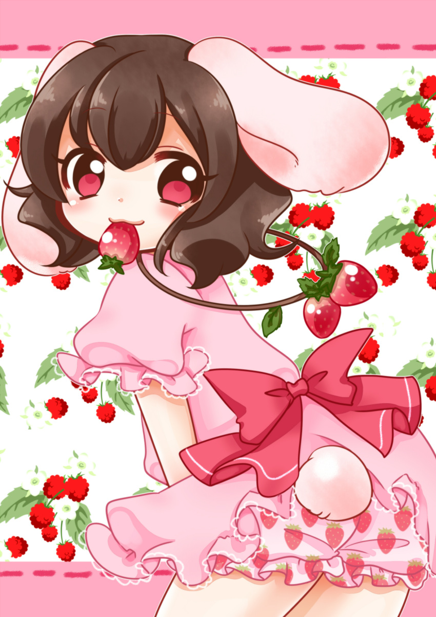1girl :3 absurdres animal_ears bloomers bow brown_hair bunny_tail eyebrows eyebrows_visible_through_hair floral_background flower food food_in_mouth frilled_sleeves frills from_behind fruit fruit_background highres inaba_tewi jewelry looking_at_viewer looking_back necklace pink_eyes puffy_short_sleeves puffy_sleeves rabbit_ears raspberry s-s_(ss) short_sleeves solo strawberry strawberry_print tail touhou underwear