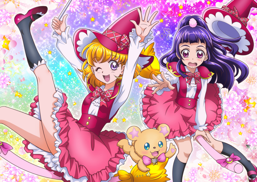 2girls :o ;d arms_up asahina_mirai bear black_legwear blonde_hair blue_eyes bow broom broom_riding creature floral_background full_body half_updo hanzou hat hat_removed headwear_removed izayoi_liko kneehighs long_hair mahou_girls_precure! mofurun_(mahou_girls_precure!) multicolored_background multiple_girls one_eye_closed open_mouth outstretched_hand pink_shoes pink_skirt plaid plaid_bow precure purple_hair red_hat shoes short_hair skirt smile star violet_eyes wand