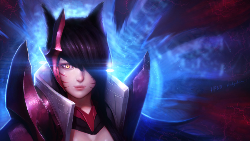 1girl ahri animal_ears backlighting black_hair blue_fire breasts cleavage electricity energy fire fox_ears fox_tail hair_over_one_eye happy_birthday highres janyhero league_of_legends lens_flare light_trail lips long_hair looking_at_viewer multiple_tails nose reflective_eyes shiny shiny_hair solo tail texture upper_body whisker_markings yellow_eyes