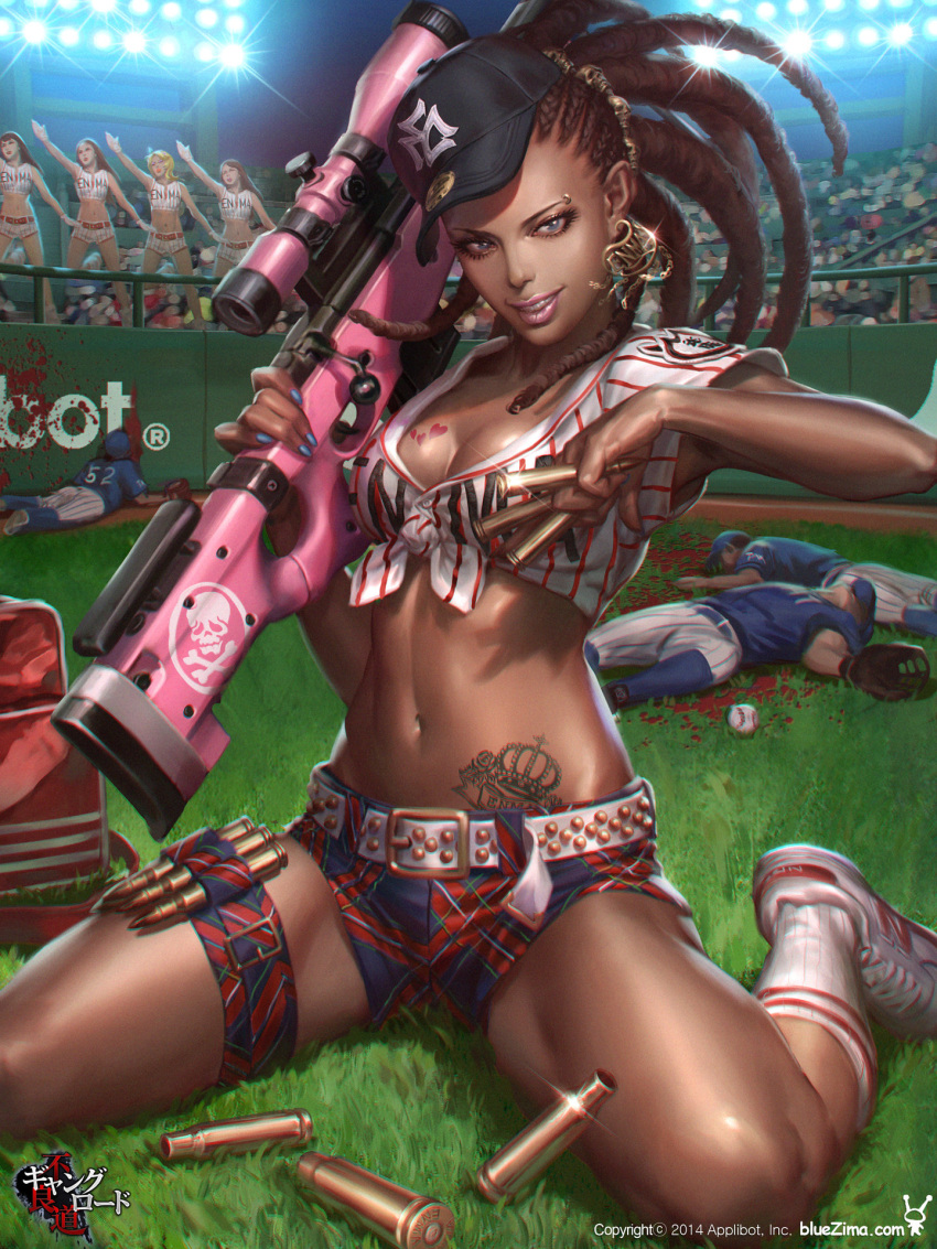 5girls baseball_cap baseball_stadium baseball_uniform between_fingers blood blue_eyes blue_nails breasts brown_hair bullet cheerleader cleavage copyright_request cornrows dark_skin death dong-wook_shin dreadlocks earrings eyebrow_piercing eyelashes front-tie_top grin gun hairlocs hat heart_tattoo highres jewelry lips lipstick long_hair makeup midriff multiple_girls nail_polish navel nose piercing realistic rifle scope shell_casing shoes short_shorts shorts sitting smile sneakers sniper_rifle socks solo_focus sportswear stage_lights tattoo tattooed_breast thigh_strap thighs vertical_stripes very_dark_skin wariza weapon