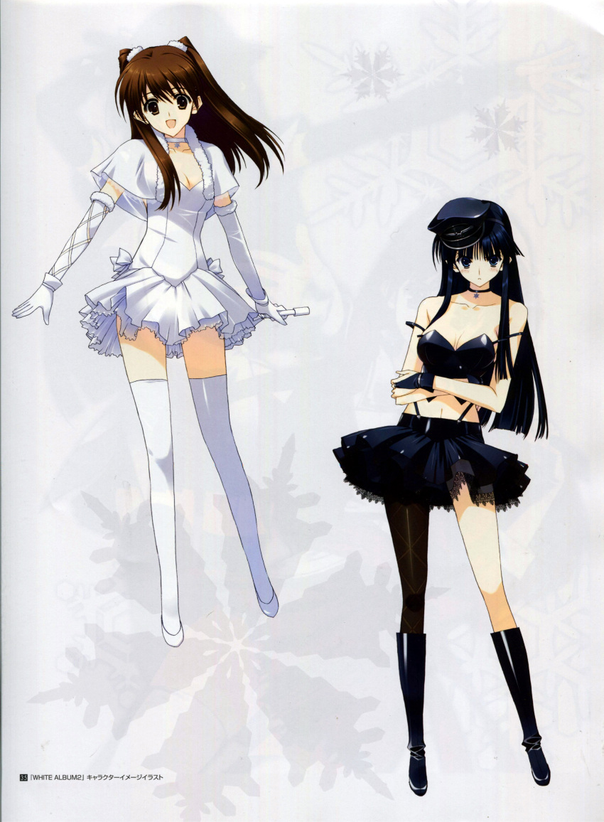 2girls absurdres asymmetrical_legwear bare_shoulders black_hair boots brown_eyes brown_hair collar crossed_arms dress elbow_gloves gloves hat highres knee_boots looking_at_viewer microphone midriff multiple_girls nakamura_takeshi ogiso_setsuna open_mouth pantyhose pleated_skirt simple_background skirt thigh-highs touma_kazusa white_album_2 white_gloves white_legwear zettai_ryouiki