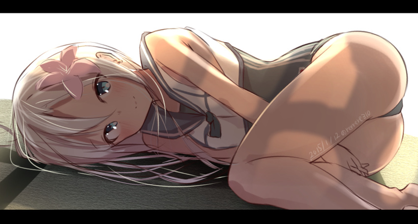 1girl aqua_eyes ass blonde_hair dark_skin flower hair_flower hair_ornament highres kantai_collection letterboxed long_hair looking_at_viewer lying no_pants on_side ro-500_(kantai_collection) school_swimsuit school_uniform serafuku smile solo swimsuit swimsuit_under_clothes tan v_arms waterdog