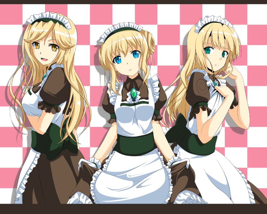 3girls :d :o adjusting_hair apron bangs belt blonde_hair blue_eyes blunt_bangs breast_hold breasts brown_eyes checkered checkered_background collar curtsey double_bun dress frills frown green_eyes hair_bun hand_on_own_chest kafra kuroma_(no_plan) letterboxed long_hair looking_at_viewer maid_apron maid_headdress multiple_girls open_mouth parted_bangs puffy_sleeves ragnarok_online sash short_hair short_sleeves smile
