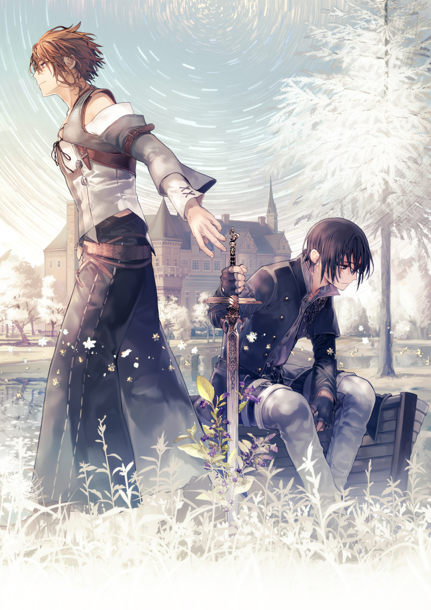 2boys absurdres aikawa_kanami arm_belt back-to-back bags_under_eyes bangs berries black_eyes black_gloves black_hair black_pants boat brown_hair building buttons capelet character_request closed_mouth cross-laced_clothes detached_sleeves fantasy fingerless_gloves flower from_side gloves grass hair_between_eyes highres holding_sword holding_weapon isekai_meikyuu_no_saishinbu_wo_mezasou jacket long_sleeves looking_away looking_down multiple_boys outdoors pants pine_tree planted_sword planted_weapon profile purple_flower reflection shoulder_cutout sitting smile snowflakes snowing star_trail stitches sword torn_clothes torn_pants tree ukai_saki walking water weapon white_pants wood