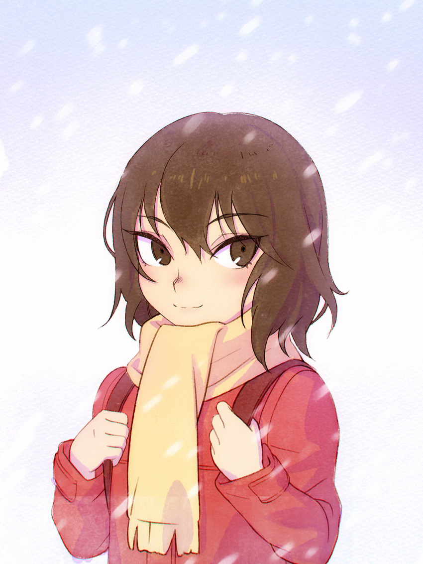 backpack bag blush boku_dake_ga_inai_machi brown_eyes brown_hair coat eyebrows eyebrows_visible_through_hair gradient gradient_background highres hinazuke_kayo ilya_kuvshinov long_sleeves motion_blur red_coat scarf simple_background smile snowing upper_body white_background winter_clothes winter_coat yellow_scarf