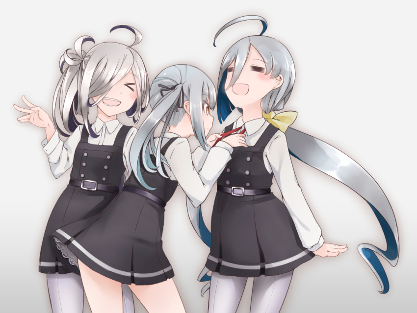 &gt;_&lt; 3girls ahoge asashimo_(kantai_collection) blue_hair blush bow bowtie brown_eyes closed_eyes comah commentary_request hair_over_one_eye hair_ribbon kantai_collection kasumi_(kantai_collection) kiyoshimo_(kantai_collection) long_hair long_sleeves low_twintails multicolored_hair multiple_girls open_mouth pantyhose ponytail ribbon school_uniform side_ponytail silver_hair skirt smile suspenders twintails very_long_hair