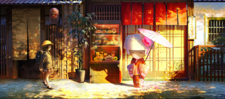 1girl ^_^ architecture backpack bag bamboo beer_mug bonsai bottle brown_hair cherry_blossoms child closed_eyes cloud_print curtains day_and_night doll east_asian_architecture fence flower hair_flower hair_ornament hat highres jacket japanese_clothes kimono kneehighs long_sleeves lost_elle miniskirt morning oriental_umbrella original outdoors oversized_object petals plant pleated_skirt potted_plant profile randoseru sake_bottle shade shoes short_hair skirt sliding_doors smoke solo storefront sweater tree_shade umbrella walking wooden_fence