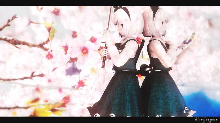 2girls 3d ascot back-to-back blue_sky bob_cut cherry_blossoms day dual_persona frogfrognico green_skirt green_vest hairband hand_on_own_chest hand_up holding_sword holding_weapon katana konpaku_youmu konpaku_youmu_(ghost) letterboxed looking_afar mikumikudance multiple_girls open_mouth profile scabbard serious sheath shirt skirt sky smile sword touhou twitter_username weapon white_hair white_shirt