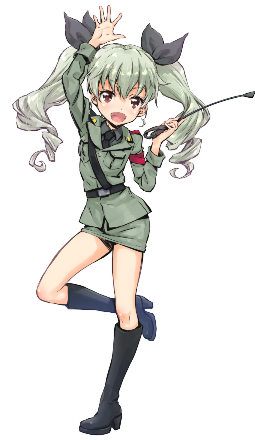 1girl absurdres anchovy blush boots drill_hair girls_und_panzer green_hair hair_ribbon highres long_hair looking_at_viewer military military_uniform open_mouth ribbon riding_crop skirt smile solo suzuki24 twin_drills twintails uniform