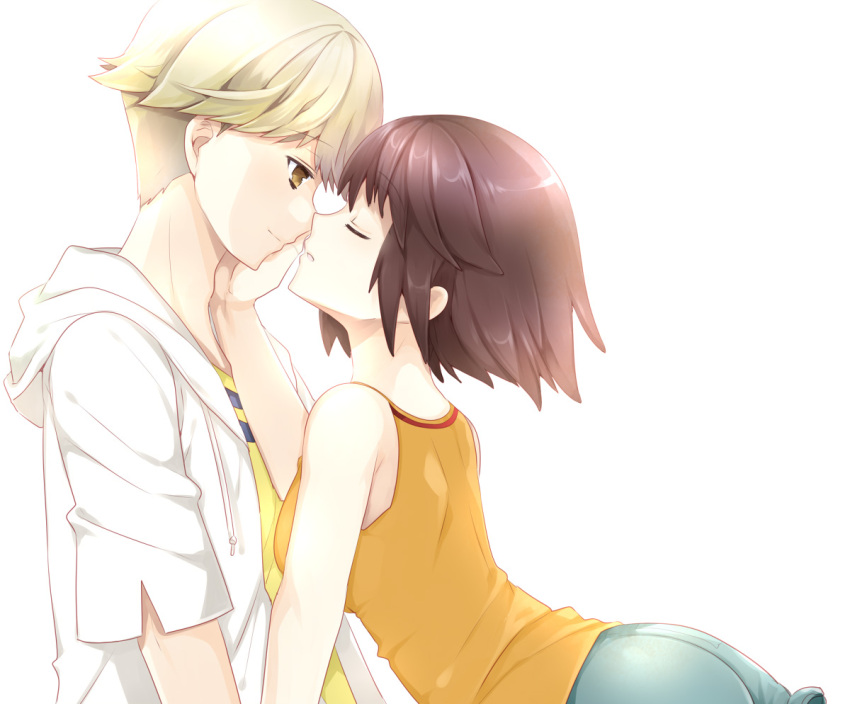 1boy 1girl ass bare_shoulders blonde_hair breasts brown_eyes brown_hair closed_eyes couple eye_contact face-to-face finger_marks grey_eyes hood hoodie incipient_kiss kaburagi_sui looking_at_another nishio_rina open_mouth shiny shiny_hair short_hair shorts smile soukyuu_no_fafner sumomo_(peach-breath) tank_top
