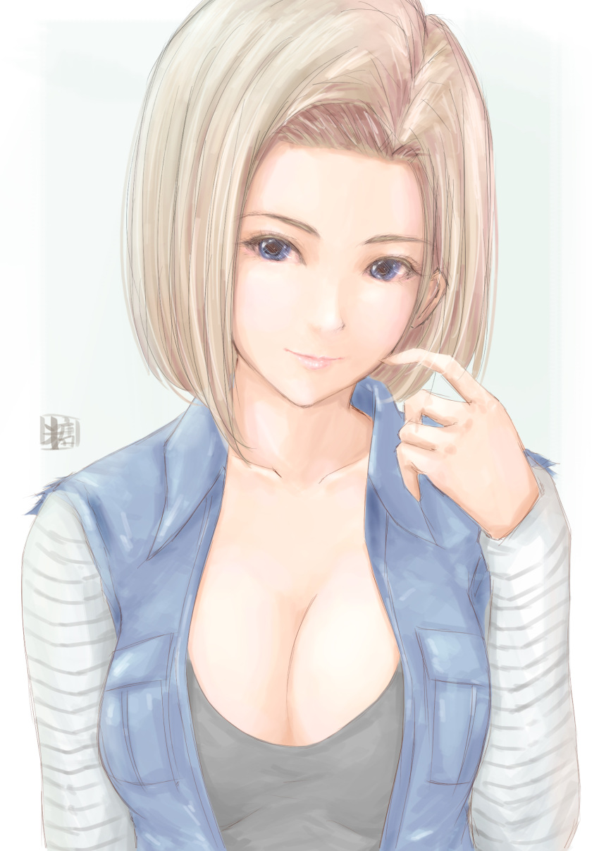 1girl absurdres android_18 blonde_hair blue_eyes breasts cleavage dragon_ball dragon_ball_z highres large_breasts lipstick makeup pink_lipstick signature smile solo sweetsoupman upper_body