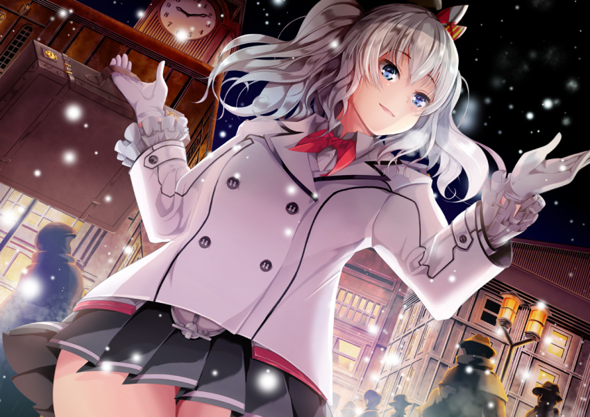 1girl beret blue_eyes commentary_request epaulettes frilled_sleeves frills from_below gloves hat hopper jacket kantai_collection kashima_(kantai_collection) kerchief military military_uniform pleated_skirt red_ribbon ribbon sidelocks silver_hair skirt snow snowing solo_focus tsurime twintails uniform wavy_hair white_gloves