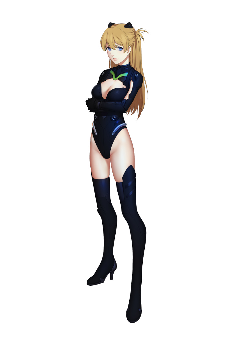 1girl absurdres alternate_costume blue_eyes boots breasts brown_hair cleavage cleavage_cutout daye_bie_qia_lian evangelion:_3.0_you_can_(not)_redo hair_ornament highres long_hair neon_genesis_evangelion plugsuit rebuild_of_evangelion red_legwear simple_background skin_tight solo souryuu_asuka_langley sunset thigh-highs thigh_boots two_side_up