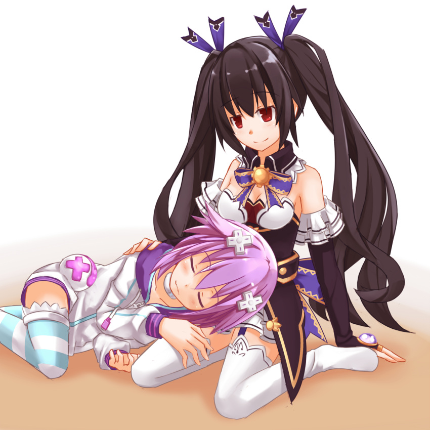 2girls bare_shoulders black_hair breasts d-pad hair_ornament hand_on_another's_head hand_on_head highres himajin_(starmine) lap_pillow long_hair lying multiple_girls neptune_(choujigen_game_neptune) neptune_(series) noire open_mouth purple_hair red_eyes seiza sitting sleeping smile striped thigh-highs twintails