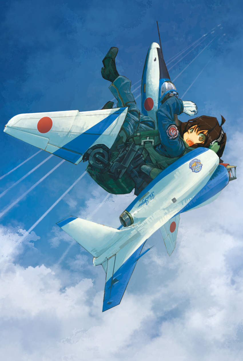 ahoge airplane angry boots brown_hair clouds fighter_jet flying gloves headset highres jet jet_engine kawasaki_t-4 kome mecha_musume open_mouth parachute pilot_suit sky smoke_trail