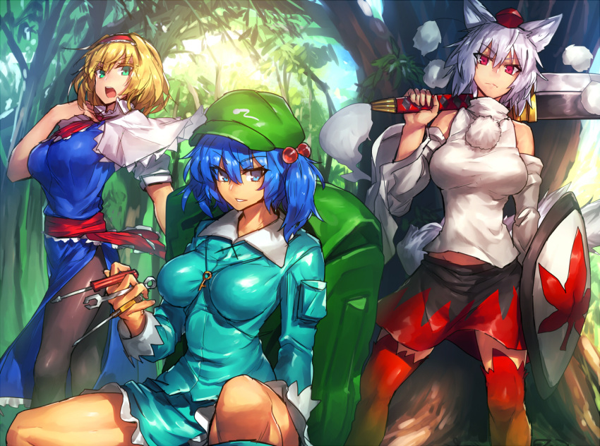 3girls alice_margatroid animal_ears backpack bag bare_shoulders black_legwear blonde_hair blue_dress blue_eyes blue_hair breasts cabbie_hat capelet detached_sleeves dress frills green_eyes hair_bobbles hair_ornament hairband hat holding_sword holding_weapon inubashiri_momiji jpeg_artifacts kawashiro_nitori key large_breasts leaf long_sleeves looking_at_viewer multiple_girls nature open_mouth outdoors over_shoulder pom_pom_(clothes) puffy_sleeves red_eyes ribbon shield shirt short_hair short_sleeves short_twintails silver_hair skirt standing sword tail temmasa22 thigh-highs tokin_hat touhou twintails two_side_up upper_body weapon wolf_ears wolf_tail worktool wrench zettai_ryouiki
