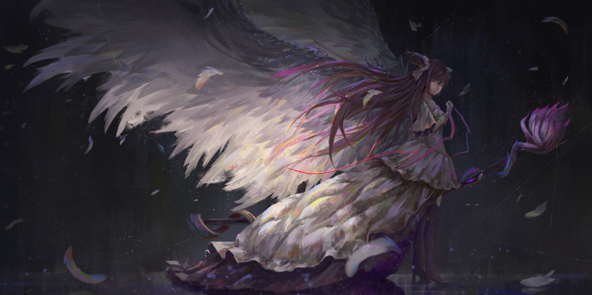 1girl boots bow bow_(weapon) dark dress feathered_wings feathers floating_hair flower from_side full_body gloves glowing glowing_eyes goddess_madoka hair_bow high_heel_boots high_heels highres jewelry kaname_madoka long_hair looking_at_viewer magical_girl mahou_shoujo_madoka_magica motion_blur necklace orange_eyes pendant pink_hair red_ribbon ribbon short_sleeves solo soul_gem spoilers standing thigh-highs thigh_boots tianya_beiming two_side_up very_long_hair weapon white_background white_bow white_dress white_gloves wide_sleeves wings