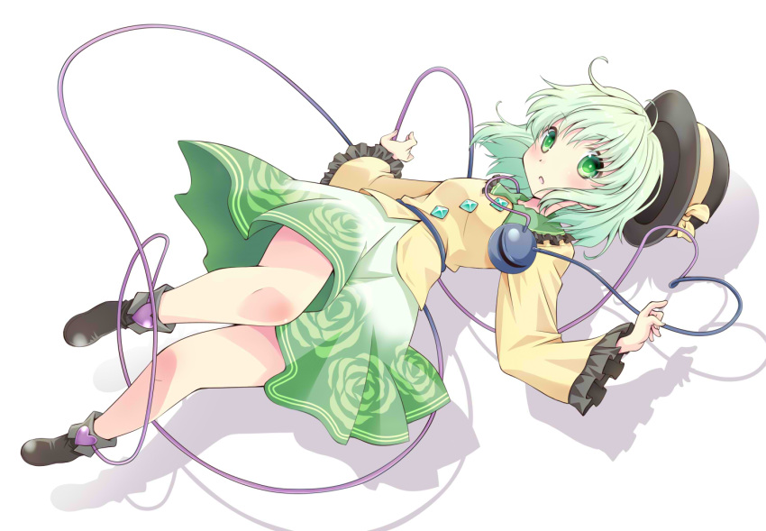 1girl blush boots eyeball floral_print full_body green_eyes green_hair hat hat_removed hat_ribbon headwear_removed heart heart_of_string komeiji_koishi komiru long_sleeves looking_at_viewer open_mouth ribbon shirt short_hair simple_background skirt solo string third_eye touhou white_background wide_sleeves