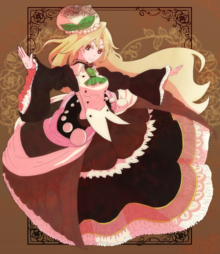 1girl absurdres blonde_hair brown_eyes dress food_as_clothes food_themed_clothes frilled_dress frills fujimizushiika full_body hat highres long_hair original outstretched_arms personification pocketland smile solo tiramisu wide_sleeves