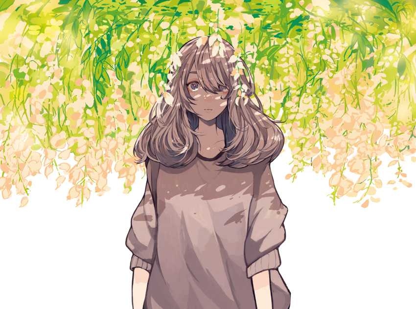 1girl arms_at_sides bangs closed_mouth dappled_sunlight flower grey_eyes hair_between_eyes light_frown long_hair looking_at_viewer nanakawa_(nanasoon) nature original shade silver_hair sleeves_past_elbows solo sweater swept_bangs upper_body wisteria