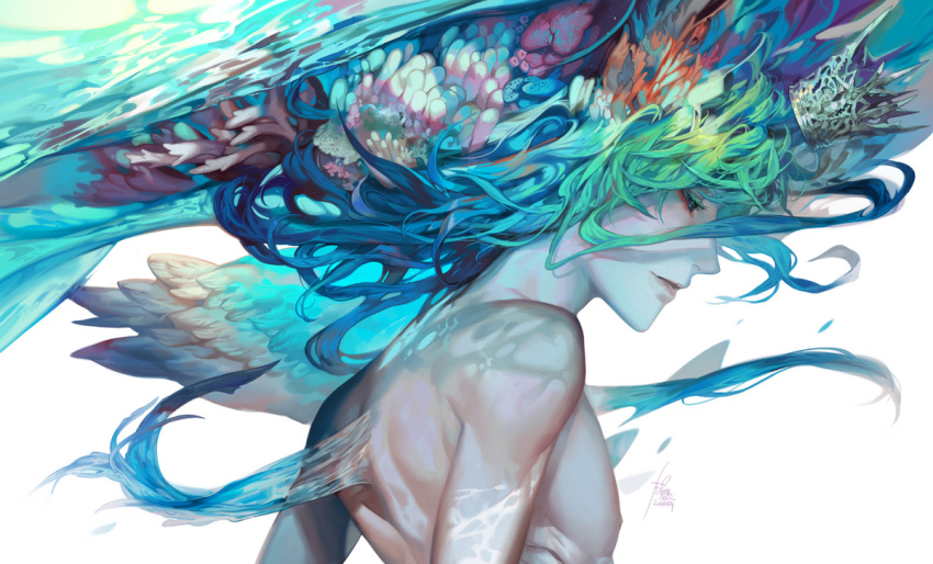 1boy back blue_hair caustics closed_eyes closed_mouth colored_eyelashes coral crown crown_removed fins floating_hair from_side gradient_hair green_hair hair_ornament light_smile long_hair male_focus merman monster_boy multicolored_hair nipples original pale_skin profile signature solo underwater water yi_lee