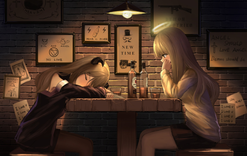 2girls alcohol angel black_eyes black_legwear black_shirt black_skirt blonde_hair blush bottle brick_wall brown_hair chin_rest closed_eyes commentary_request demon_girl english eyebrows_visible_through_hair from_side glass halo highres horns long_hair long_sleeves looking_at_another multiple_girls original pantyhose paper picture_frame shirt sign sitting skirt table very_long_hair white_shirt yurichtofen